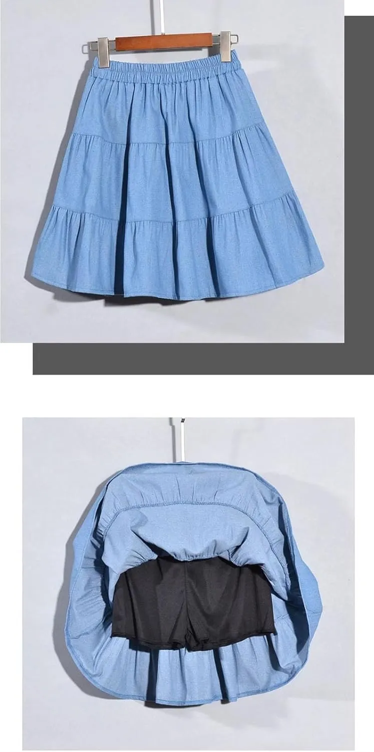 Cute Bows Tiered Denim Skirts for Teens Women High Waisted Mini Skort 2025 Trendy Casual Flare Blue Jean Skirt