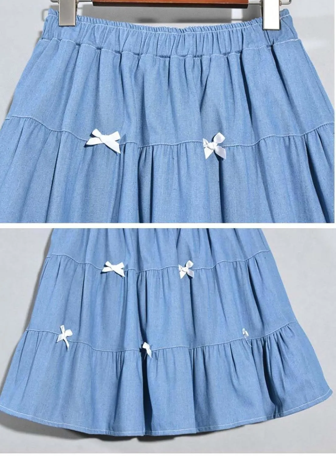 Cute Bows Tiered Denim Skirts for Teens Women High Waisted Mini Skort 2025 Trendy Casual Flare Blue Jean Skirt