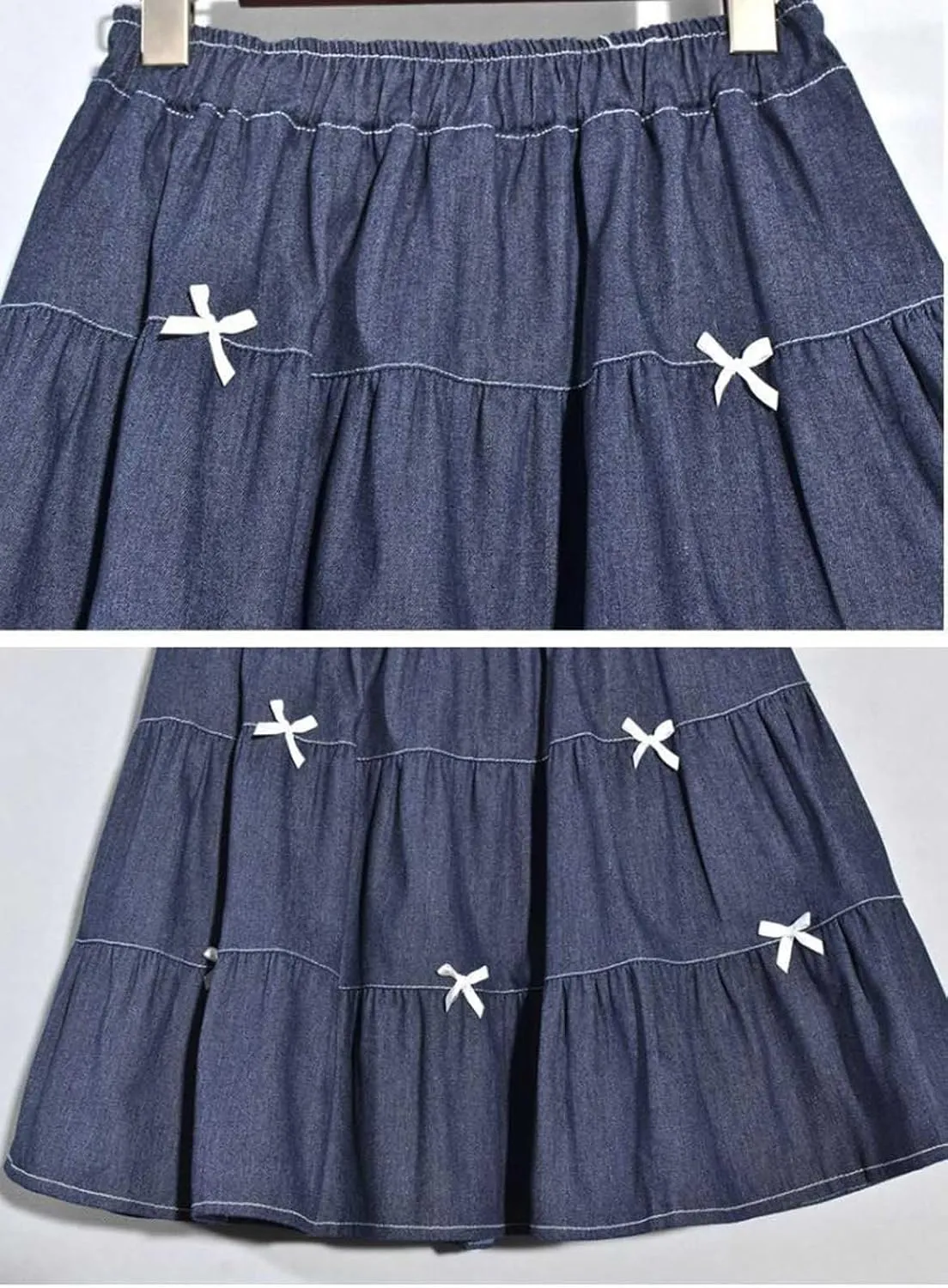 Cute Bows Tiered Denim Skirts for Teens Women High Waisted Mini Skort 2025 Trendy Casual Flare Blue Jean Skirt