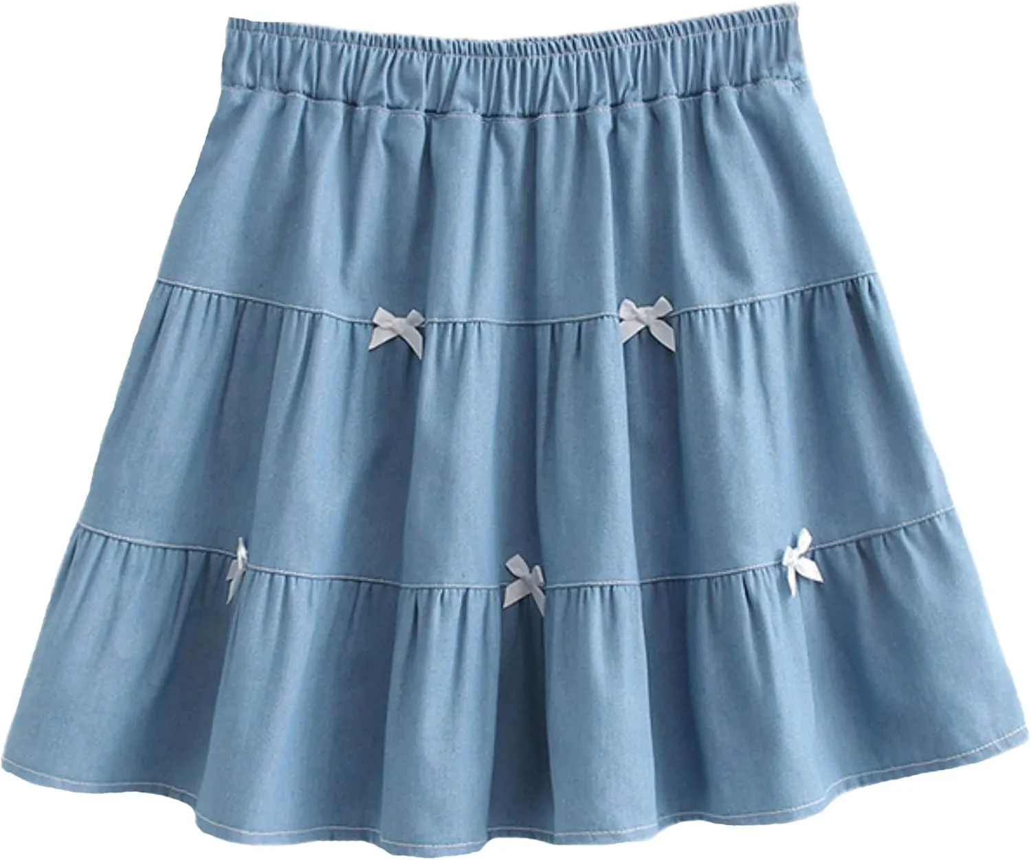 Cute Bows Tiered Denim Skirts for Teens Women High Waisted Mini Skort 2025 Trendy Casual Flare Blue Jean Skirt