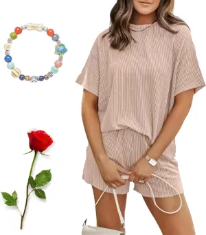 Elvessa Ribbed Textured Set  Women's 2-Piece Ribbed Lounge Set with Crop Top & High-Waisted Shorts, Summer Loungewear