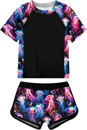 Enlifety 7-14T Girls Swimsuit 2 Piece Bathing Suit Short Sleeve Rash Guard Swimwear Set