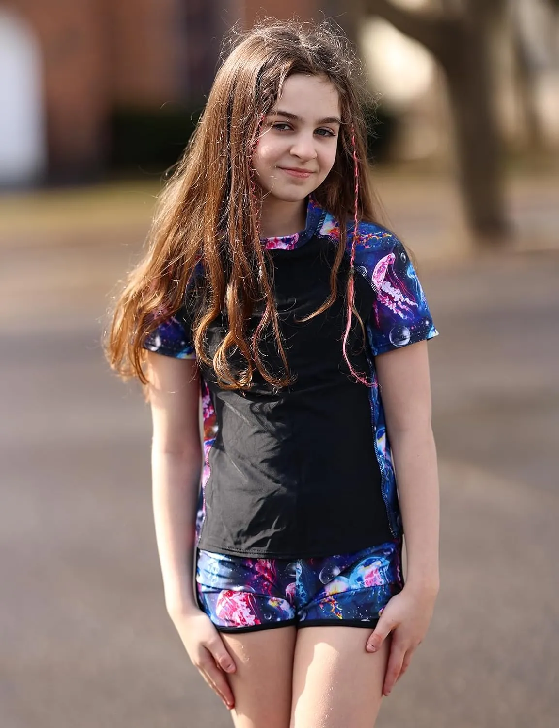 Enlifety 7-14T Girls Swimsuit 2 Piece Bathing Suit Short Sleeve Rash Guard Swimwear Set
