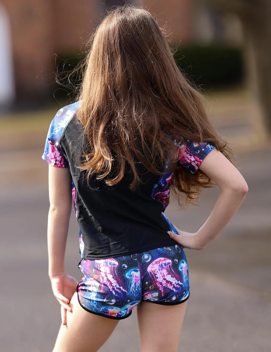 Enlifety 7-14T Girls Swimsuit 2 Piece Bathing Suit Short Sleeve Rash Guard Swimwear Set