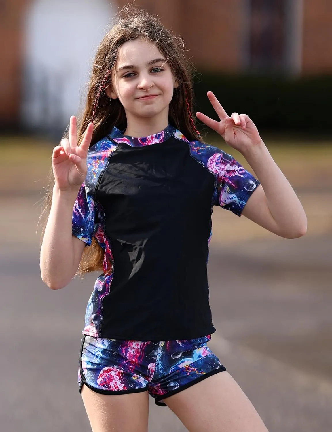 Enlifety 7-14T Girls Swimsuit 2 Piece Bathing Suit Short Sleeve Rash Guard Swimwear Set