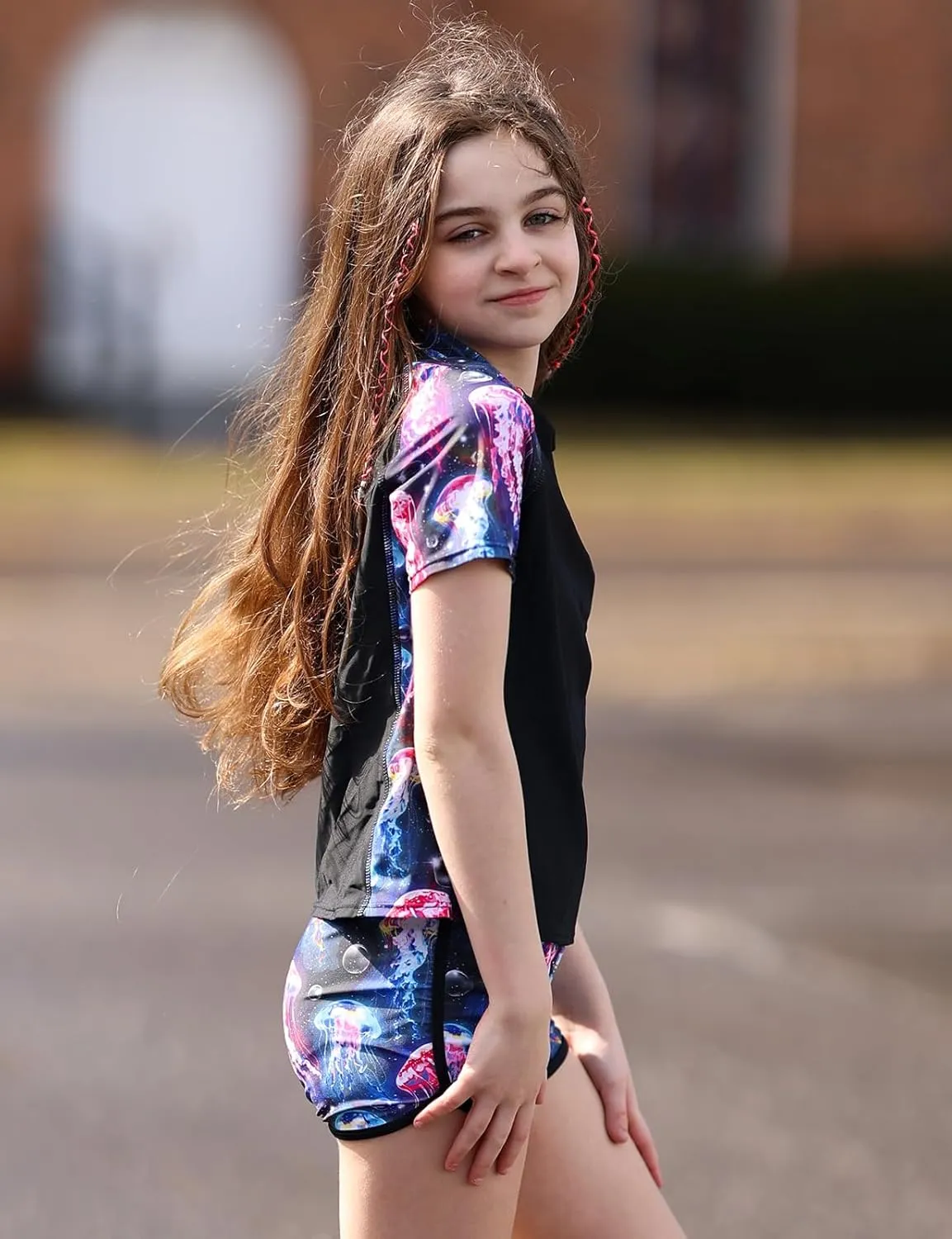 Enlifety 7-14T Girls Swimsuit 2 Piece Bathing Suit Short Sleeve Rash Guard Swimwear Set