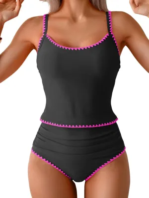 Eomenie Tankini Swimsuit for Women Tummy Control Ruched Two Piece Bathing Suits High Waisted Shell Stitch Swimwear
