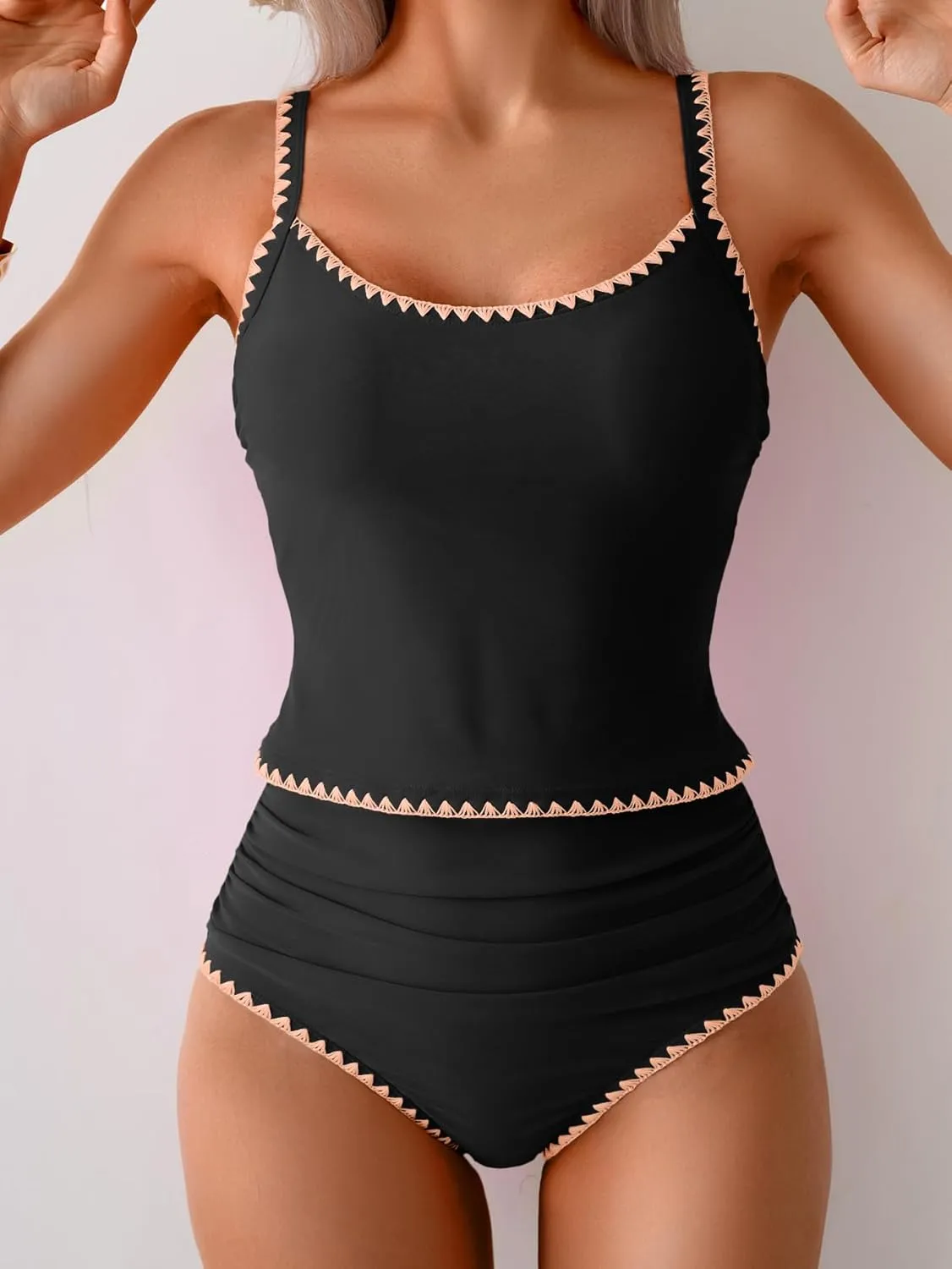 Eomenie Tankini Swimsuit for Women Tummy Control Ruched Two Piece Bathing Suits High Waisted Shell Stitch Swimwear