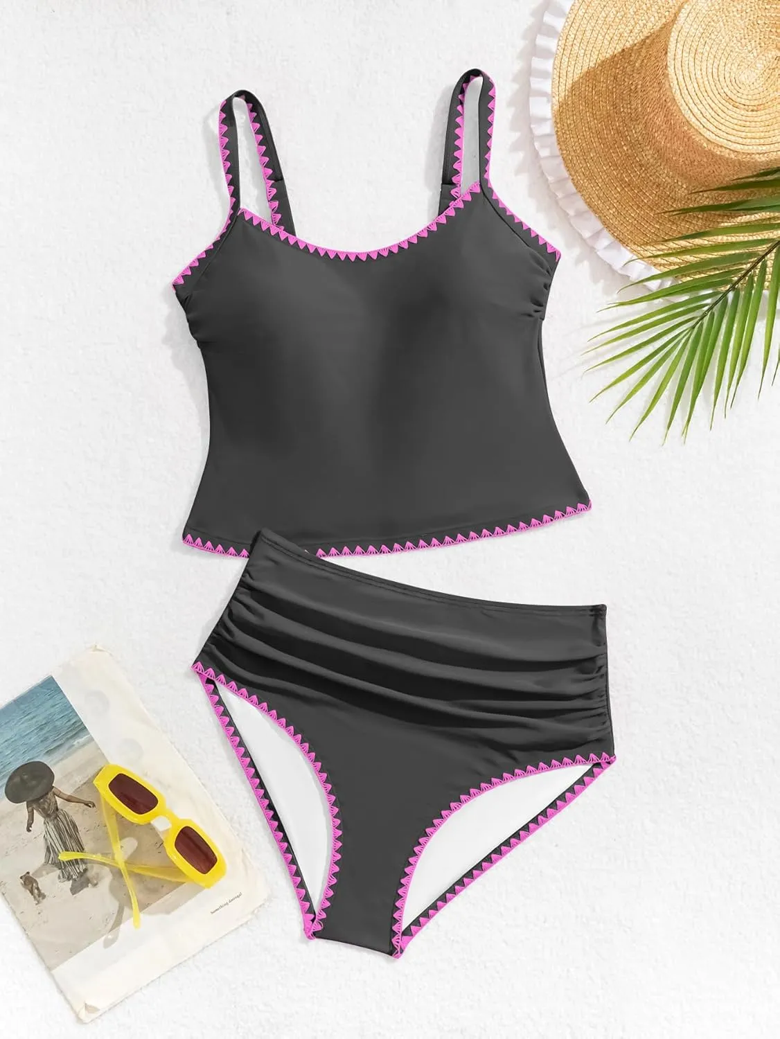 Eomenie Tankini Swimsuit for Women Tummy Control Ruched Two Piece Bathing Suits High Waisted Shell Stitch Swimwear