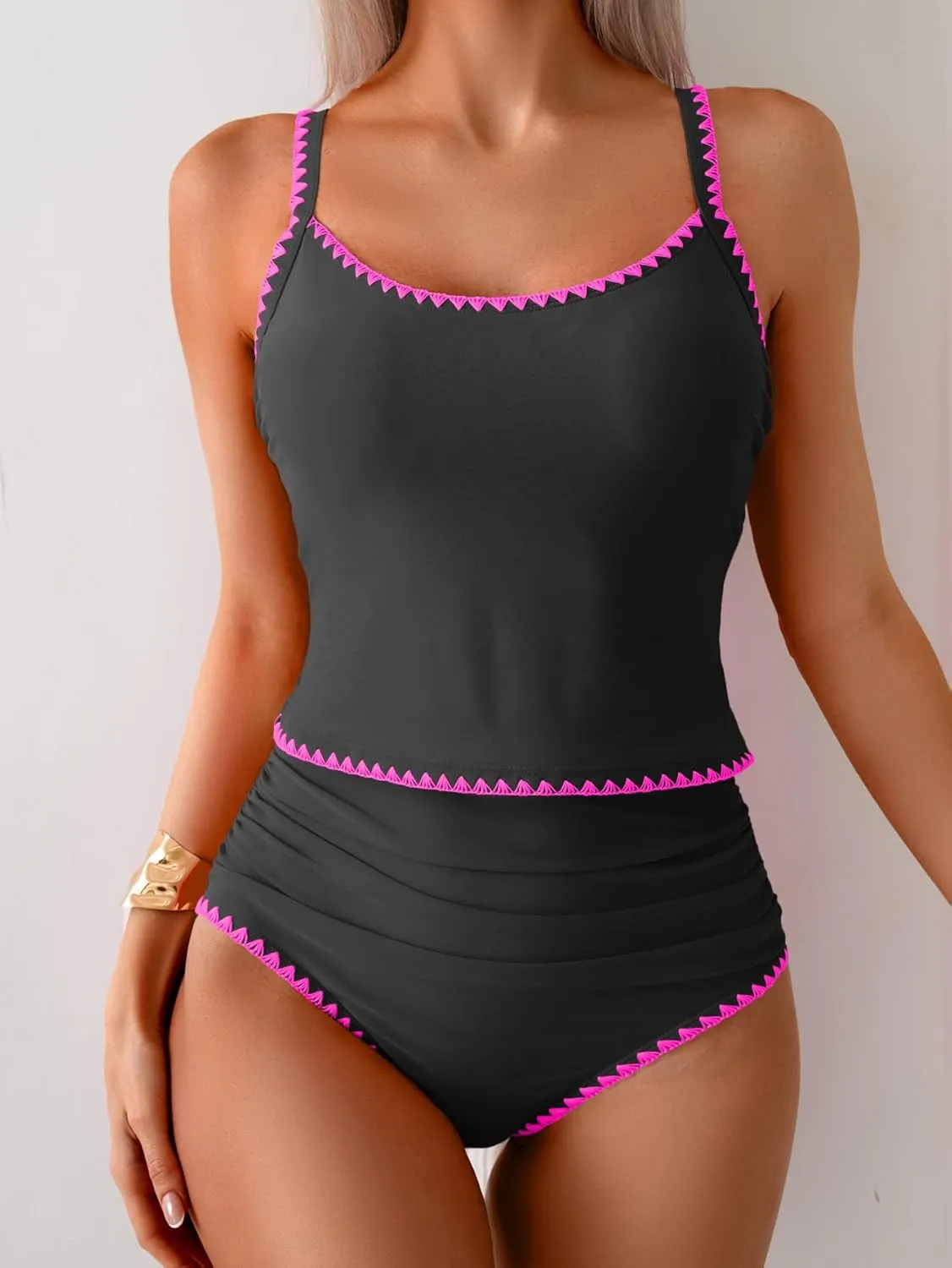 Eomenie Tankini Swimsuit for Women Tummy Control Ruched Two Piece Bathing Suits High Waisted Shell Stitch Swimwear