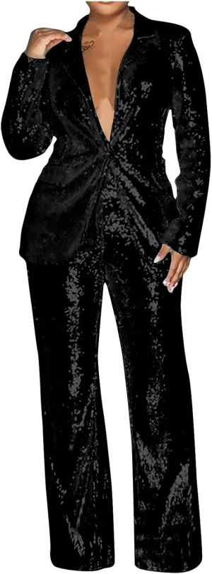 Firzero Blazer Sets Women 2 Piece Outfits Fall Sequin Solid Color Blazer Jacket and Wide Leg Pants Pockets Business Suit