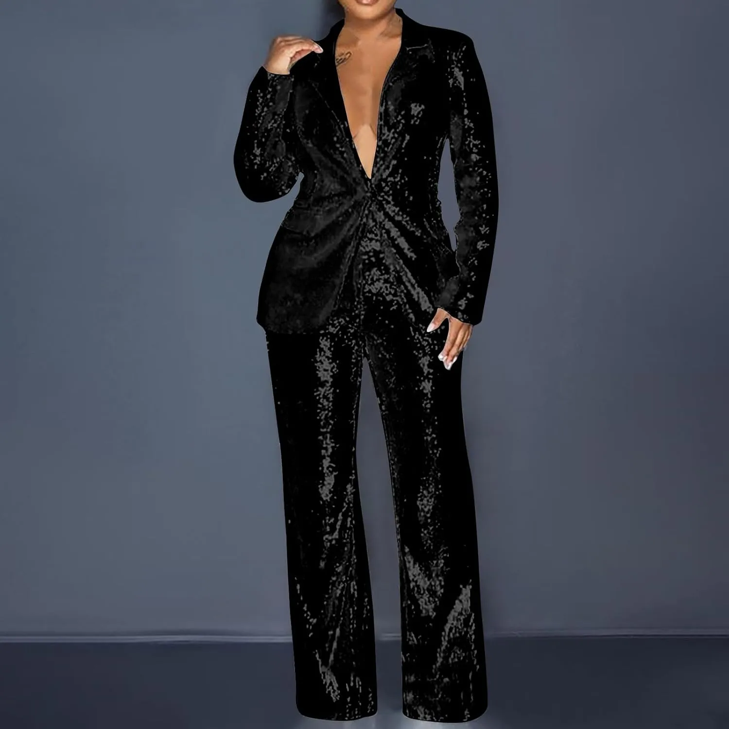 Firzero Blazer Sets Women 2 Piece Outfits Fall Sequin Solid Color Blazer Jacket and Wide Leg Pants Pockets Business Suit