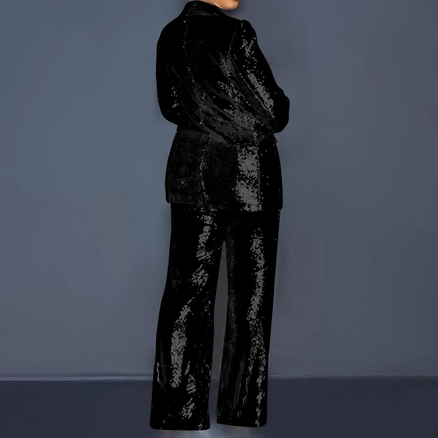 Firzero Blazer Sets Women 2 Piece Outfits Fall Sequin Solid Color Blazer Jacket and Wide Leg Pants Pockets Business Suit