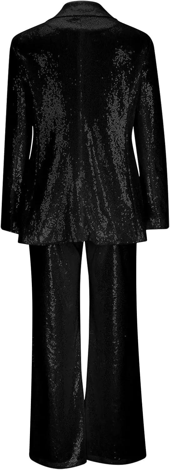 Firzero Blazer Sets Women 2 Piece Outfits Fall Sequin Solid Color Blazer Jacket and Wide Leg Pants Pockets Business Suit