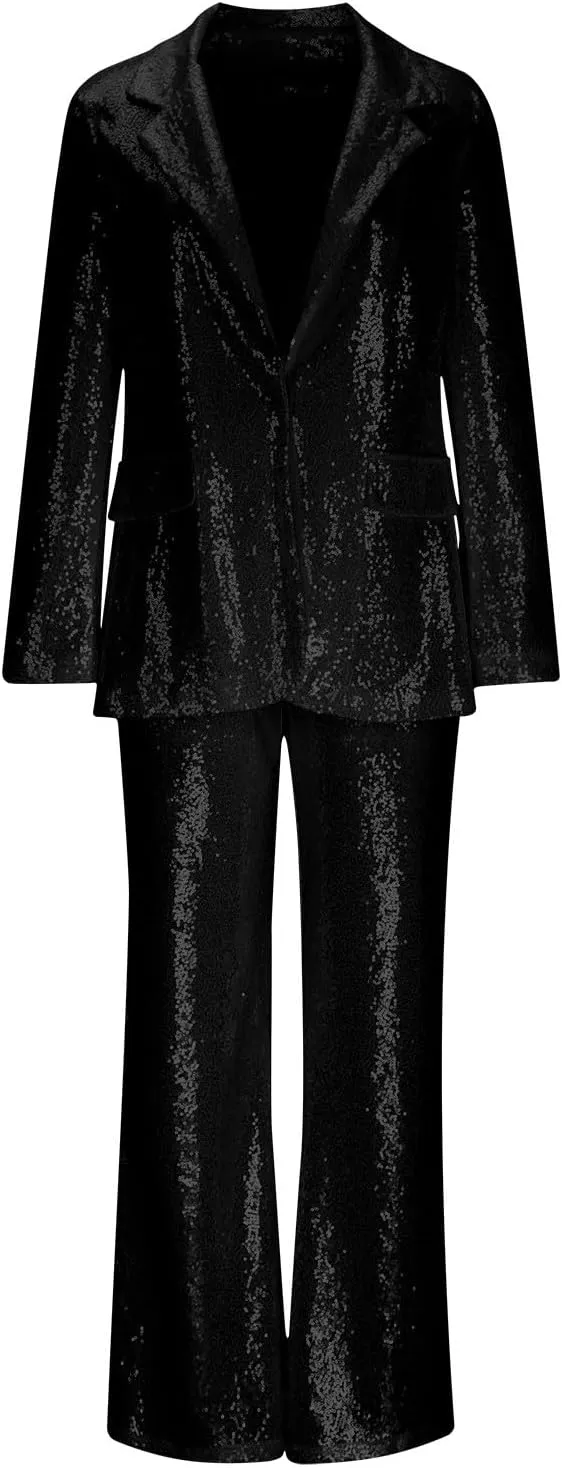Firzero Blazer Sets Women 2 Piece Outfits Fall Sequin Solid Color Blazer Jacket and Wide Leg Pants Pockets Business Suit