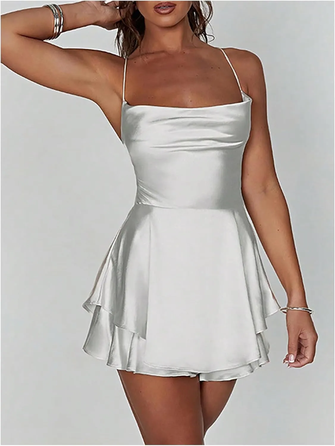 Floerns Women's Backless Stain Spaghetti Strap Cowl Neck Bodycon Mini Party Cami Dress