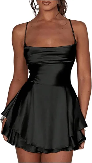 Floerns Women's Backless Stain Spaghetti Strap Cowl Neck Bodycon Mini Party Cami Dress