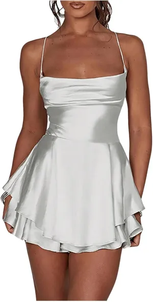 Floerns Women's Backless Stain Spaghetti Strap Cowl Neck Bodycon Mini Party Cami Dress