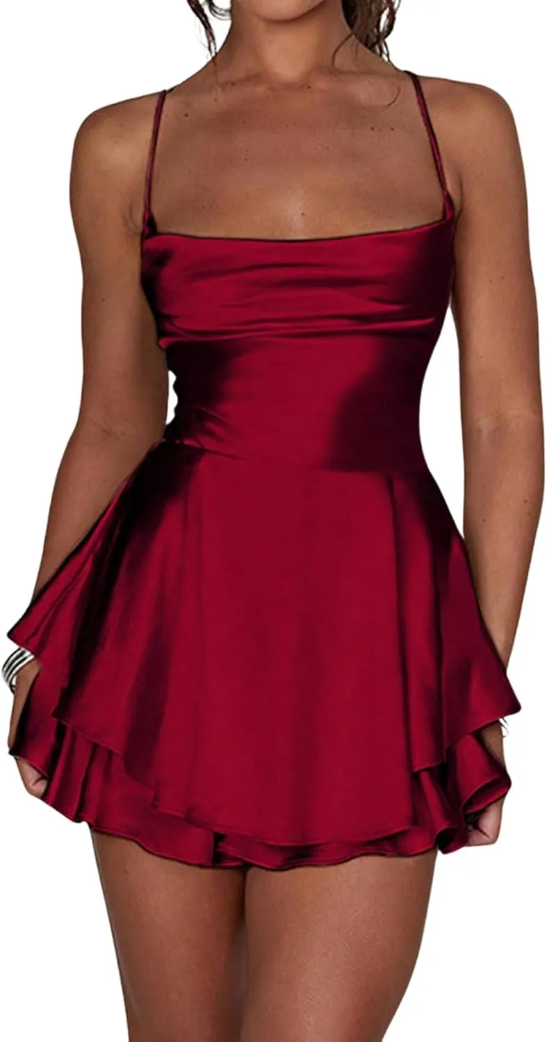 Floerns Women's Backless Stain Spaghetti Strap Cowl Neck Bodycon Mini Party Cami Dress