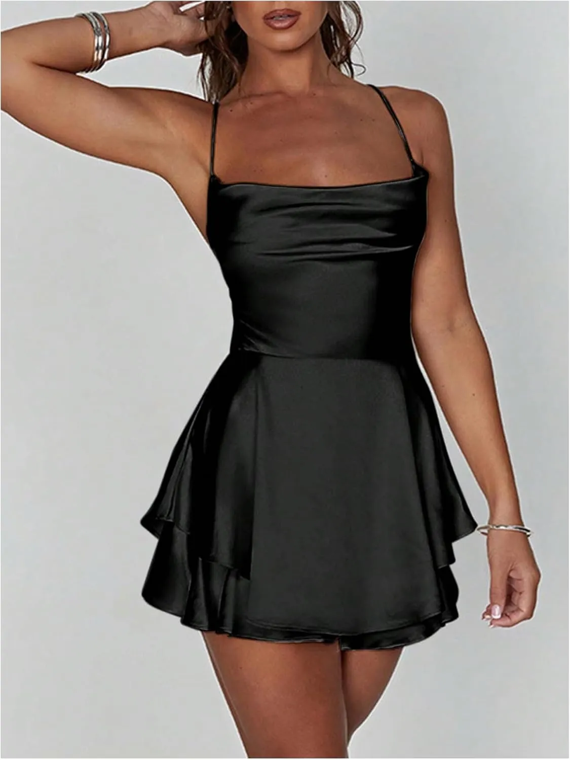 Floerns Women's Backless Stain Spaghetti Strap Cowl Neck Bodycon Mini Party Cami Dress