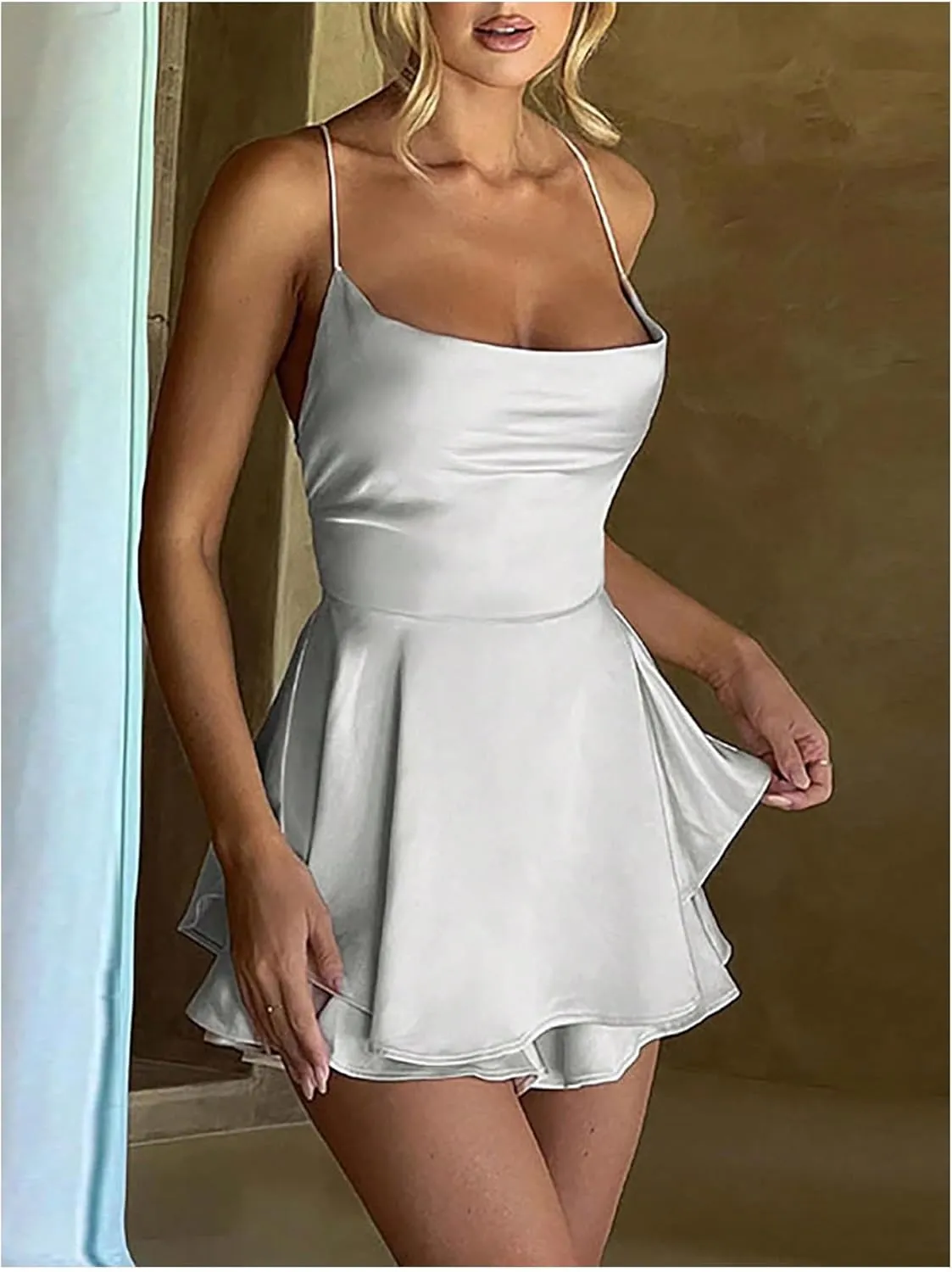 Floerns Women's Backless Stain Spaghetti Strap Cowl Neck Bodycon Mini Party Cami Dress