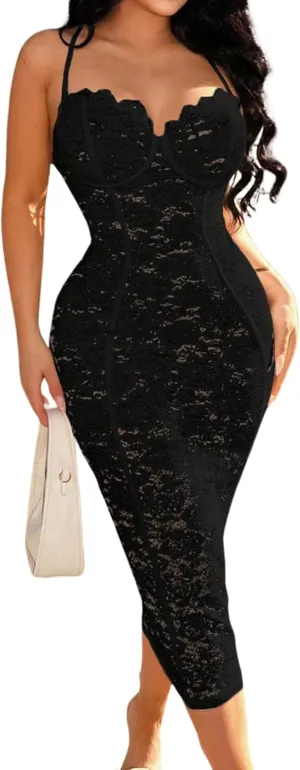 Floerns Women's Lace Spaghetti Strap Backless Sweetheart Neck Midi Dress Elegant Bodycon Maxi Dress