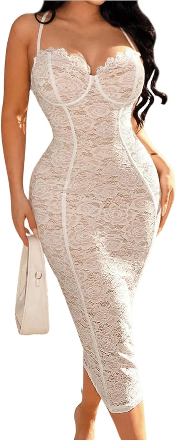 Floerns Women's Lace Spaghetti Strap Backless Sweetheart Neck Midi Dress Elegant Bodycon Maxi Dress