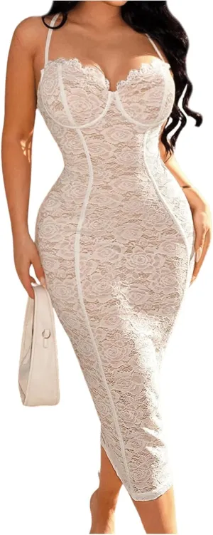Floerns Women's Lace Spaghetti Strap Backless Sweetheart Neck Midi Dress Elegant Bodycon Maxi Dress