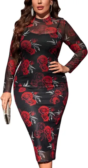 Floerns Women's Plus Size Floral Print Long Sleeve Mock Neck Mesh Bodycon Dress Elegant Party Midi Dresses