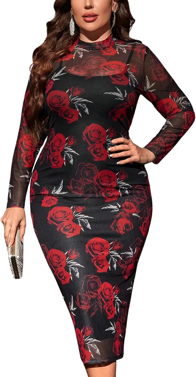 Floerns Women's Plus Size Floral Print Long Sleeve Mock Neck Mesh Bodycon Dress Elegant Party Midi Dresses