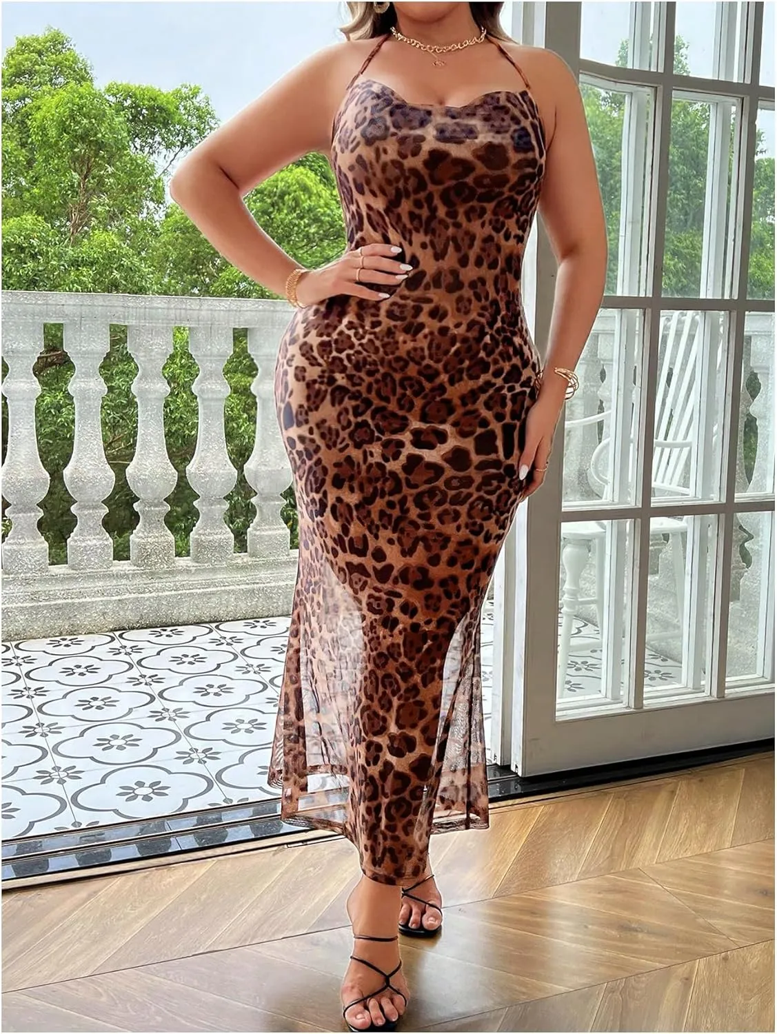 Floerns Women's Plus Size Leopard Print Sleeveless Halter Dress Backless Club Bodycon Maxi Cami Dresses