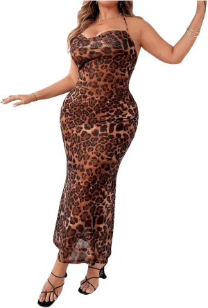 Floerns Women's Plus Size Leopard Print Sleeveless Halter Dress Backless Club Bodycon Maxi Cami Dresses