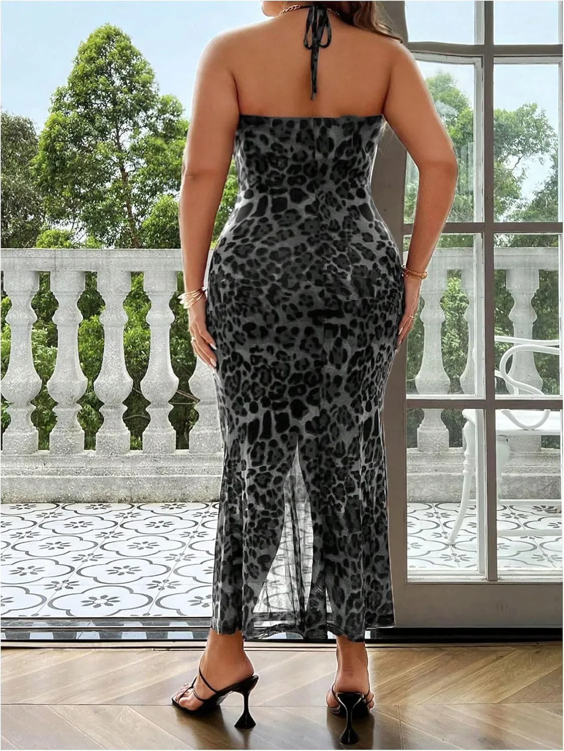 Floerns Women's Plus Size Leopard Print Sleeveless Halter Dress Backless Club Bodycon Maxi Cami Dresses