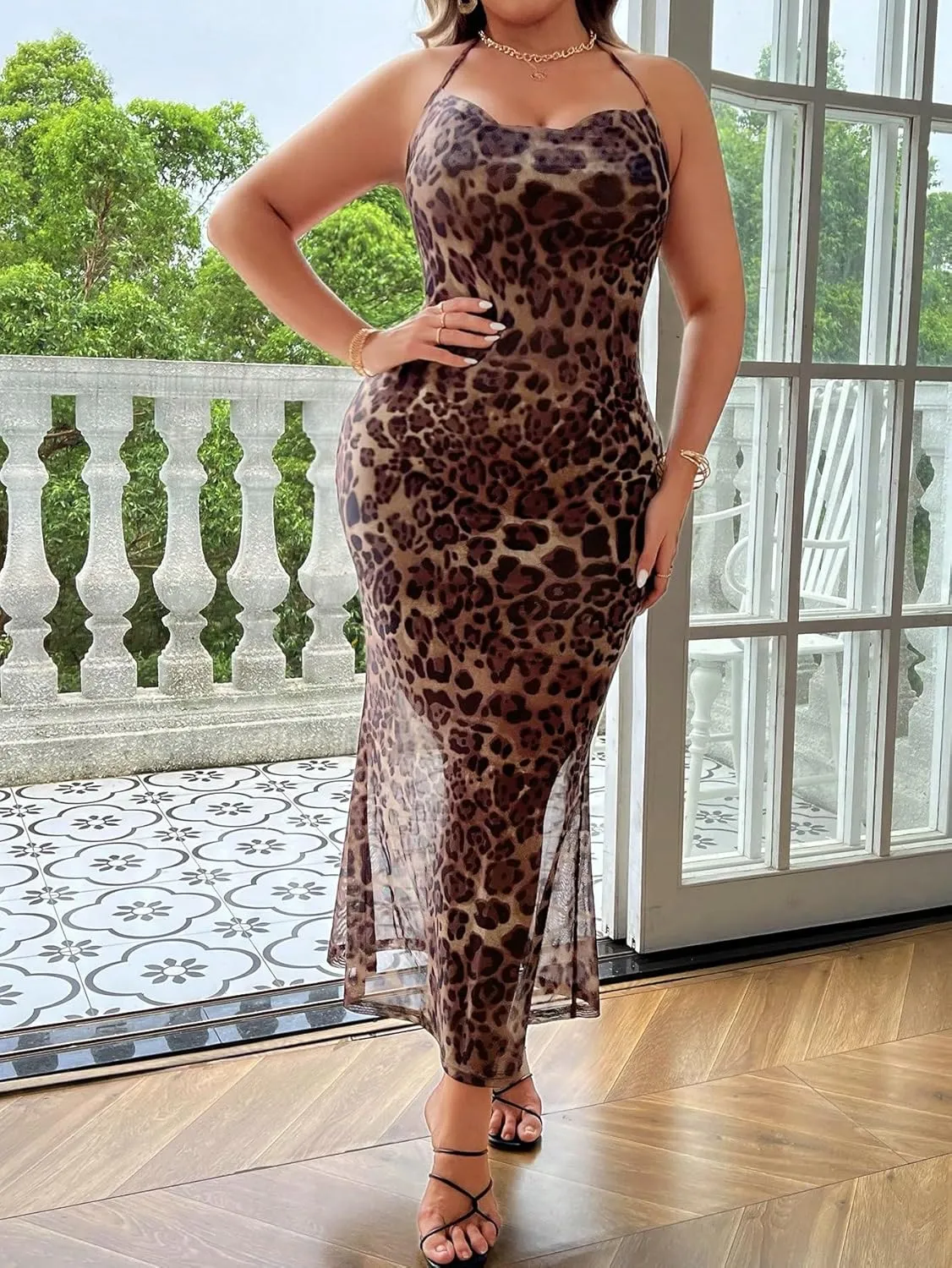 Floerns Women's Plus Size Leopard Print Sleeveless Halter Dress Backless Club Bodycon Maxi Cami Dresses