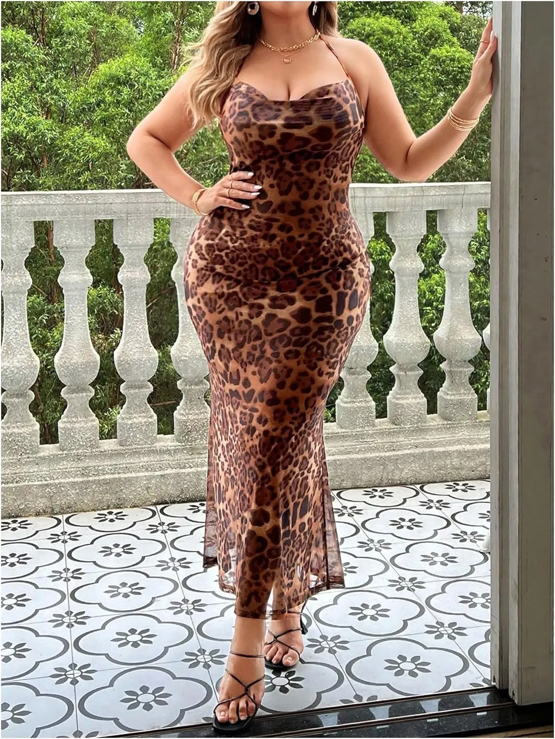 Floerns Women's Plus Size Leopard Print Sleeveless Halter Dress Backless Club Bodycon Maxi Cami Dresses