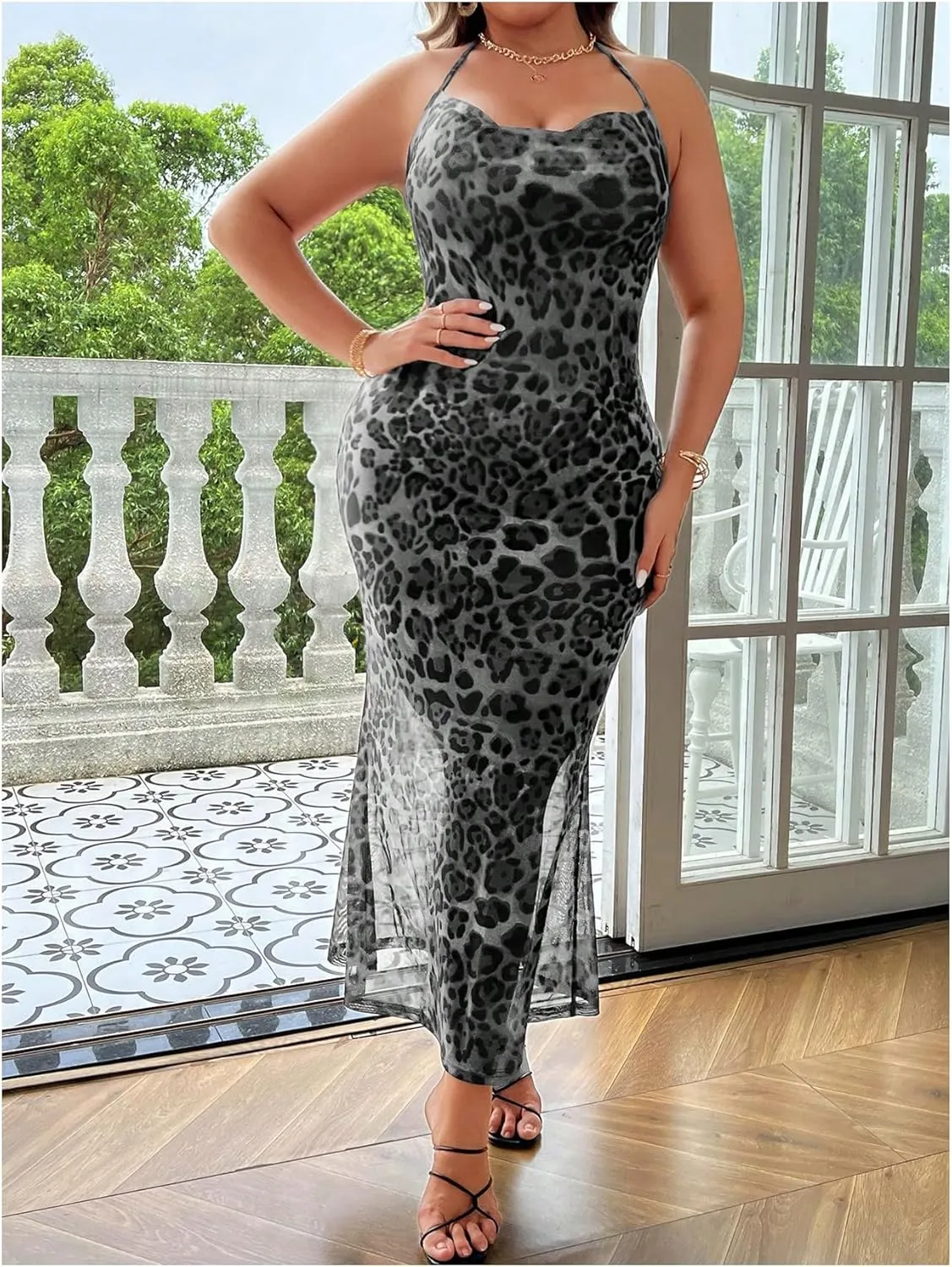 Floerns Women's Plus Size Leopard Print Sleeveless Halter Dress Backless Club Bodycon Maxi Cami Dresses