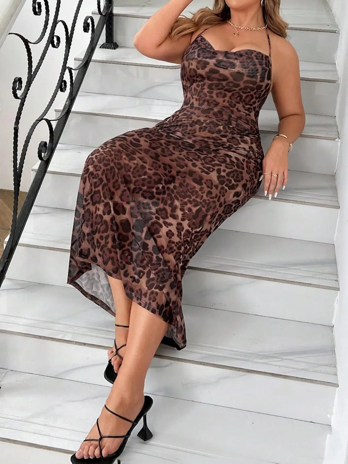 Floerns Women's Plus Size Leopard Print Sleeveless Halter Dress Backless Club Bodycon Maxi Cami Dresses