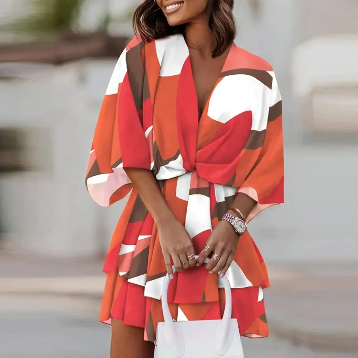 Formal Dresses for Women Batwing Sleeve V Neck Elastic Waist Boho Overall Work Dresses for Women