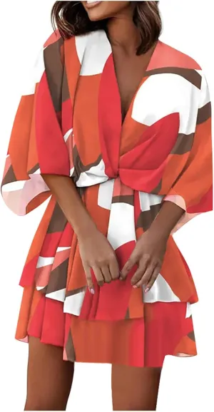 Formal Dresses for Women Batwing Sleeve V Neck Elastic Waist Boho Overall Work Dresses for Women