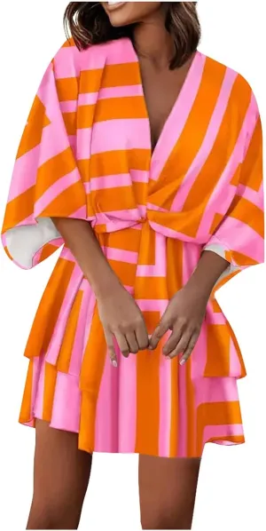 Formal Dresses for Women Batwing Sleeve V Neck Elastic Waist Boho Overall Work Dresses for Women