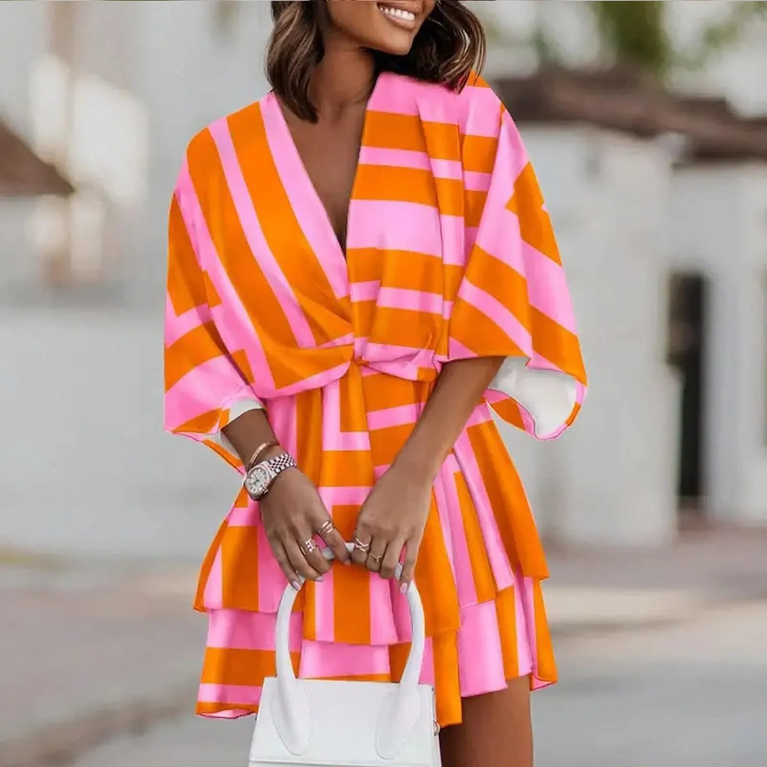 Formal Dresses for Women Batwing Sleeve V Neck Elastic Waist Boho Overall Work Dresses for Women