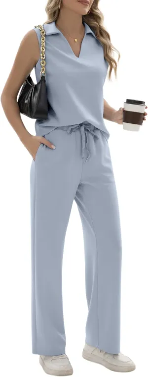 FUNYYZO Women's 2 Piece Outfits Lounge Sets Casual Sleeveless Summer V-Neck Dressy Collared Tracksuit Lounge
