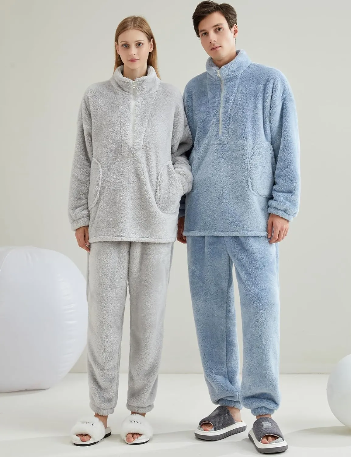 Gihuo Womens Zip Pajama Sets Fuzzy 2 Piece Pjs Set Stand Collar Fluffy Loungewear Fleece Pullover Pants Set