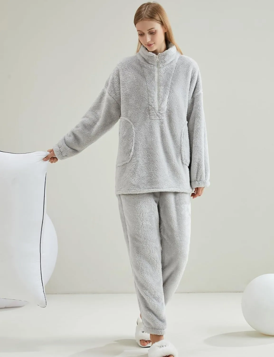 Gihuo Womens Zip Pajama Sets Fuzzy 2 Piece Pjs Set Stand Collar Fluffy Loungewear Fleece Pullover Pants Set