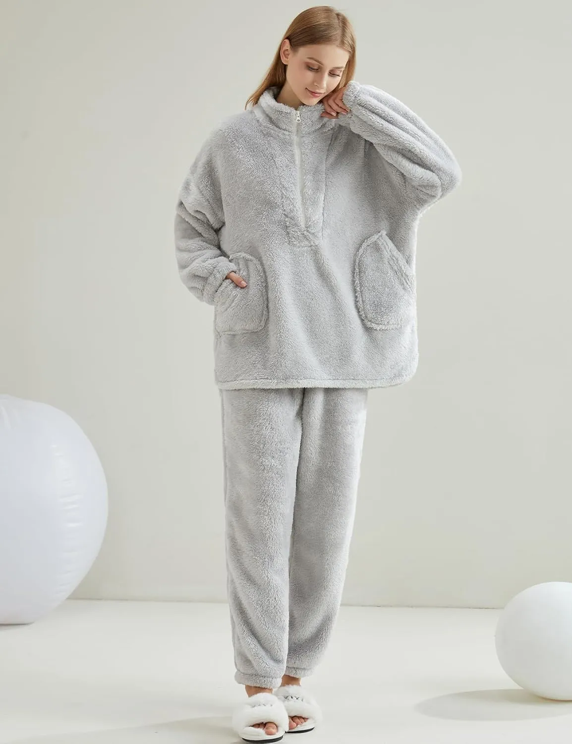 Gihuo Womens Zip Pajama Sets Fuzzy 2 Piece Pjs Set Stand Collar Fluffy Loungewear Fleece Pullover Pants Set