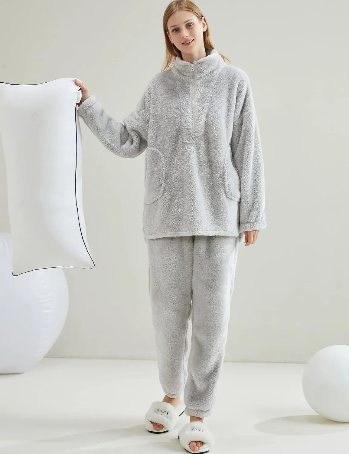 Gihuo Womens Zip Pajama Sets Fuzzy 2 Piece Pjs Set Stand Collar Fluffy Loungewear Fleece Pullover Pants Set