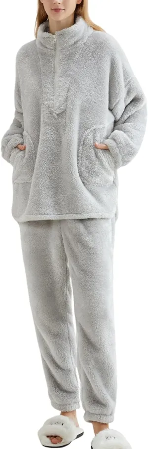 Gihuo Womens Zip Pajama Sets Fuzzy 2 Piece Pjs Set Stand Collar Fluffy Loungewear Fleece Pullover Pants Set