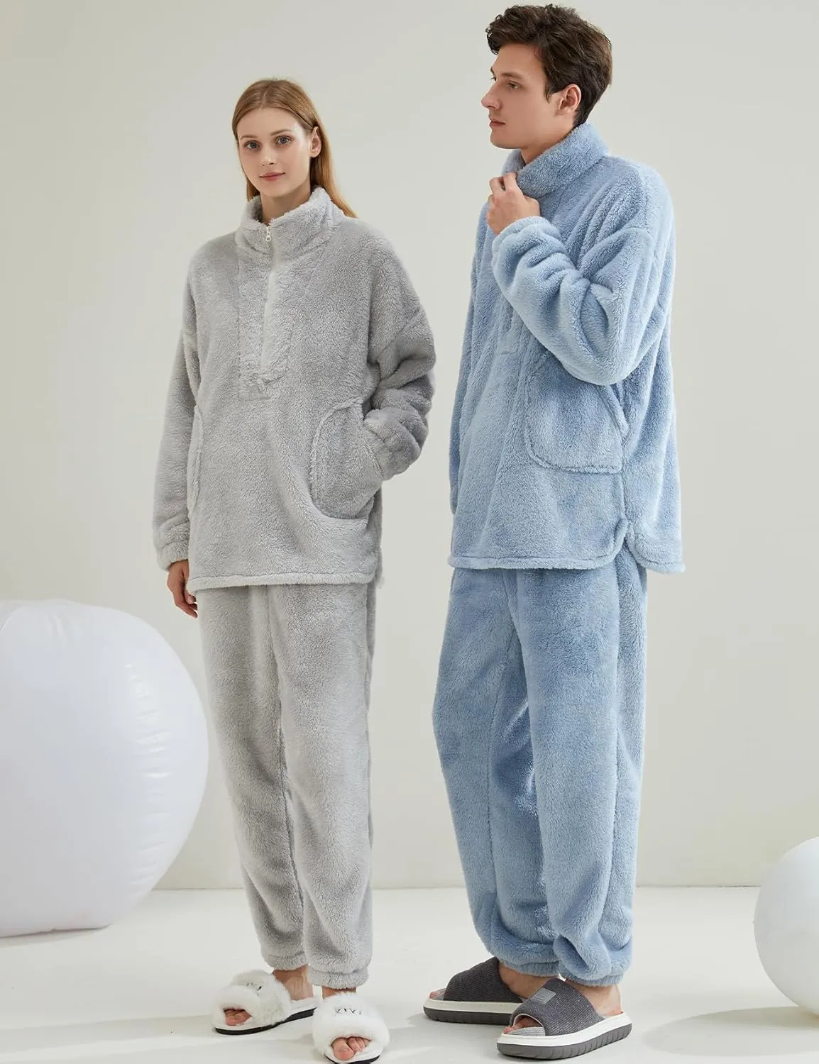 Gihuo Womens Zip Pajama Sets Fuzzy 2 Piece Pjs Set Stand Collar Fluffy Loungewear Fleece Pullover Pants Set