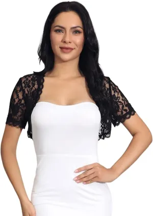 GORAIS Lace Bolero Shrugs Womens Sheer Jacket Short Sleeve Floral Lace Cardigan Open Front Shrugs for Evening Dresses