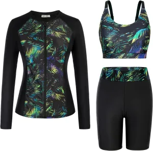 GRACE KARIN Women's 3 Piece Rash Guard Built-in Bra Long Sleeve UV Sun Protection Swimsuit Zip up Swim Top Shirt Modest